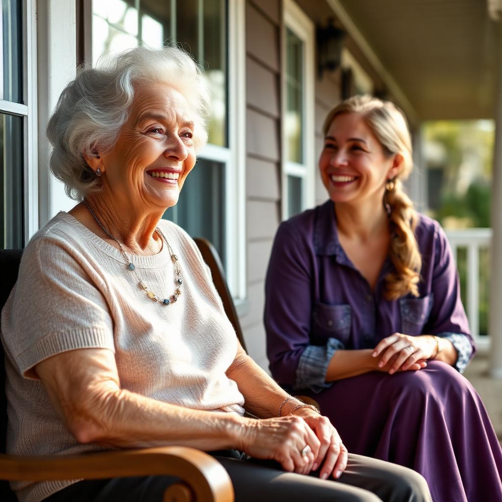 A helper visiting a smiling senior on the porch